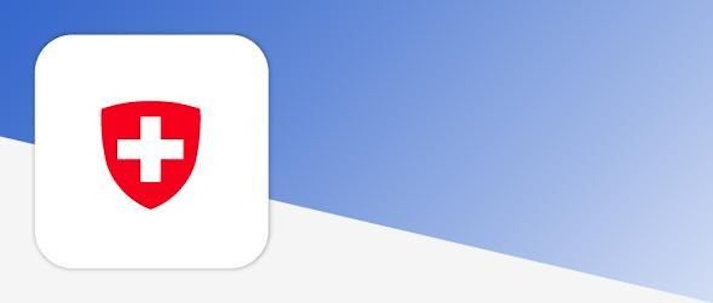 Uno stemma svizzero con una croce bianca su sfondo rosso. Lo stemma è posizionato su uno sfondo blu e bianco.