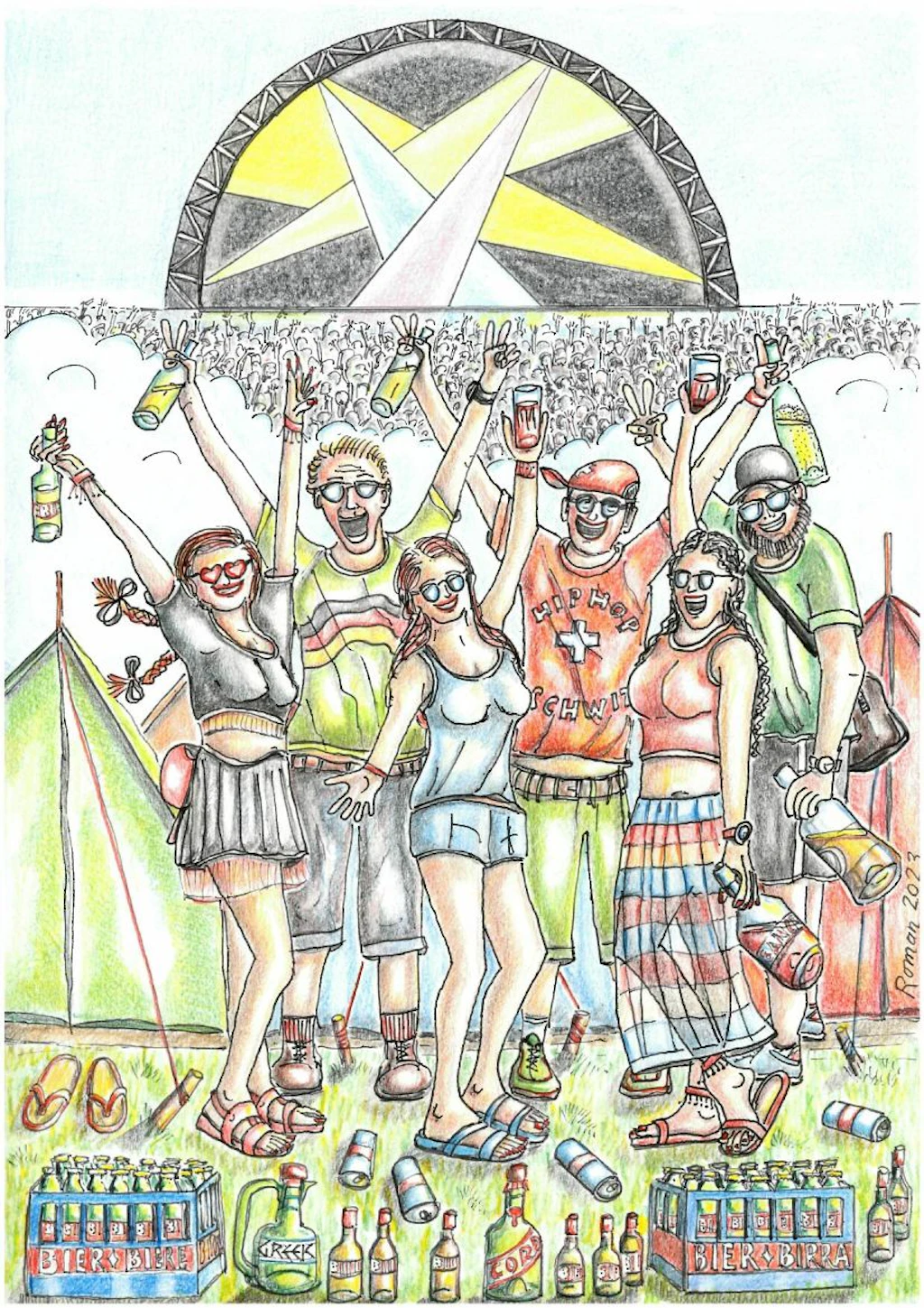 Illustrazione di un gruppo in festa davanti a un grande palco da concerto. Diverse persone alzano bottiglie di birra e altre bevande, con casse e bottiglie vuote a terra.