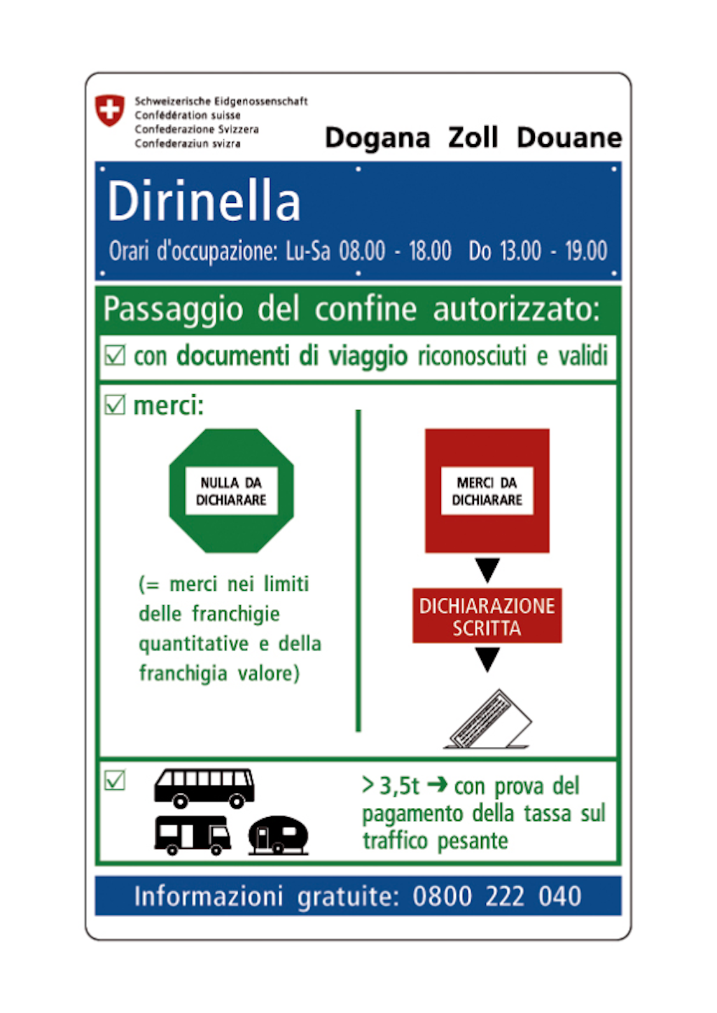 Cartello con ore d'apertura al valico di confine Dirinella.