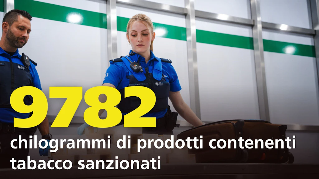 Due collaboratori dell’UFDF controllano una valigia a un valico di frontiera. In primo piano, il numero 9782 indica la quantità di prodotti contenenti tabacco sanzionati in chilogrammi. La scena mostra l’azione contro i prodotti del tabacco illegali.