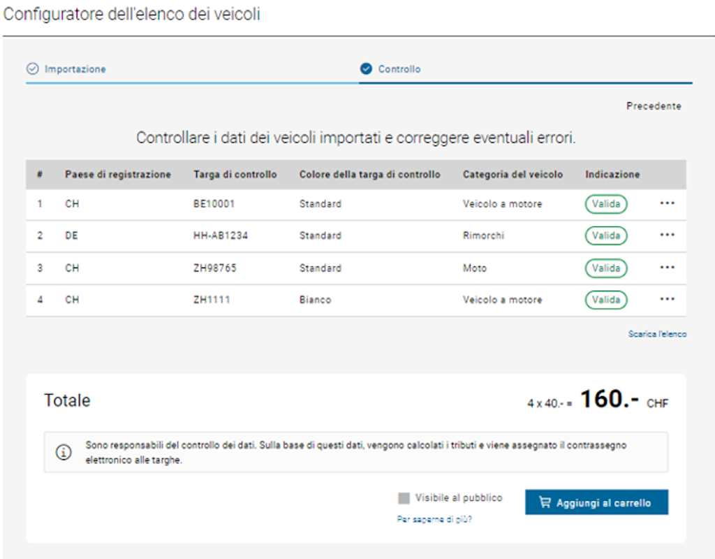 Vista dello schermo di un configuratore di liste di veicoli con dati di veicoli importati. La tabella mostra il paese di immatricolazione, la targa, la categoria del veicolo e le note.