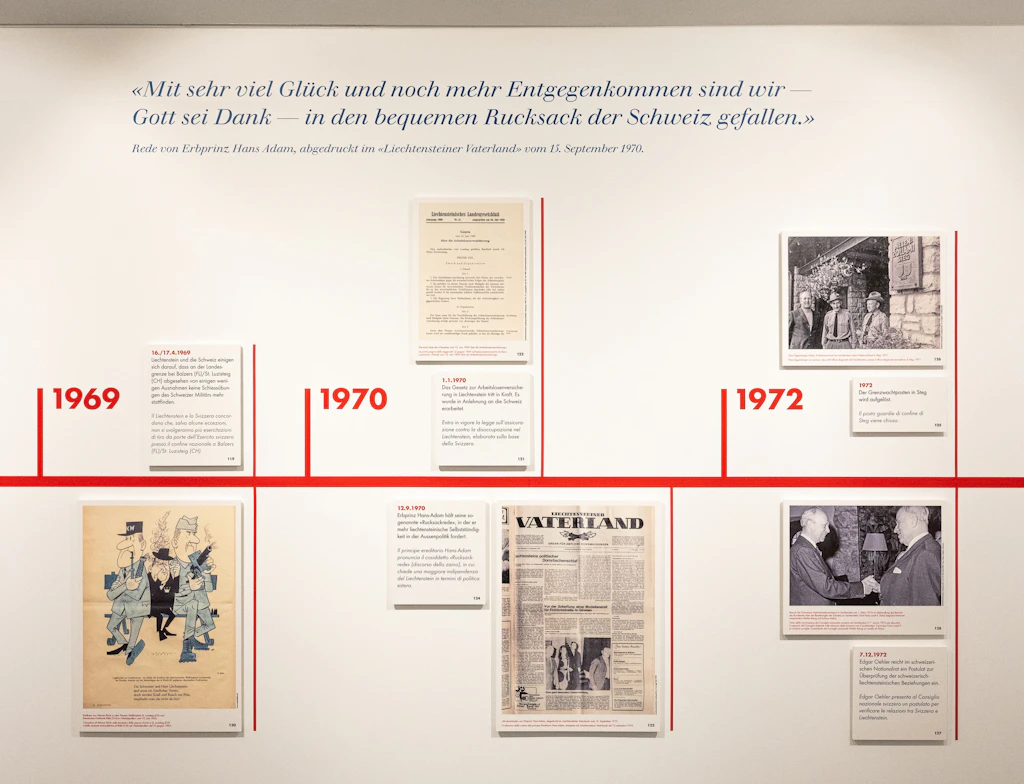 Fotografia di una parete museale con una linea del tempo rossa degli anni 1969–1972 dedicata alla storia delle relazioni tra Liechtenstein e Svizzera. Sulla parete sono esposti documenti, pagine di giornale, fotografie e una citazione del principe ereditario Hans-Adam.