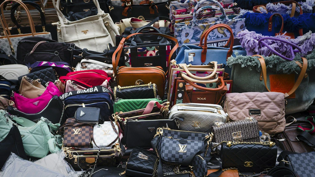 L’immagine mostra numerose borse di varie marche esposte in uno spazio ristretto. Molte borse riportano loghi noti, suggerendo possibili contraffazioni. Le borse sono variopinte e sembrano esposte su una bancarella di mercato.  