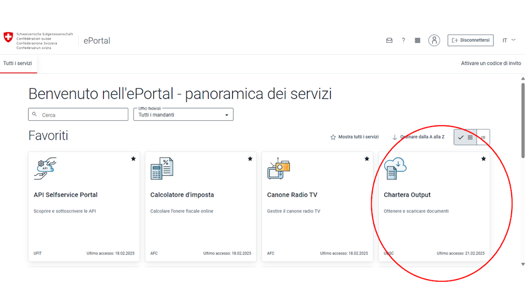 Screenshot dell'ePortal della Confederazione Svizzera con diverse opzioni di servizio. La sezione "Chartera Output" è evidenziata.