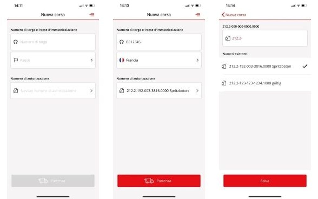Tre schermate di smartphone mostrano l’app Periodic con moduli per registrare un nuovo tragitto. Sono visibili i campi per il paese, il numero di autorizzazione e la selezione dei numeri esistenti.