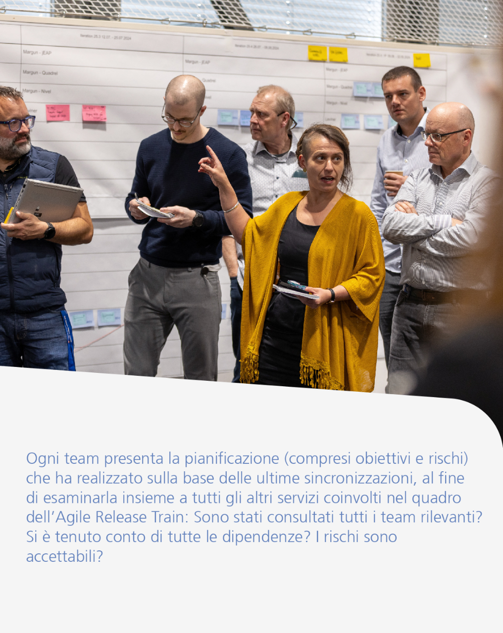 Ogni team presenta la pianificazione (compresi obiettivi e rischi) che ha realizzato sulla base delle ultime sincronizzazioni, al fine di esaminarla insieme a tutti gli altri servizi coinvolti nel quadro dell’Agile Release Train: Sono stati consultati tutti i team rilevanti? Si è tenuto conto di tutte le dipendenze? I rischi sono accettabili?