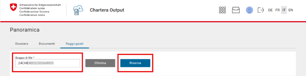 Schermata dell’applicazione Chartera Output della Confederazione Svizzera in lingua italiana. La finestra mostra la scheda «Raggruppati» con il campo gruppo di file e i pulsanti «Elimina» e «Ricerca».