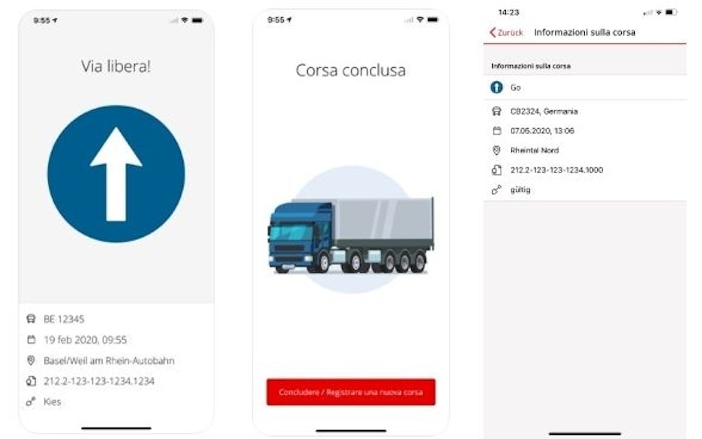 Diverse schermate di smartphone mostrano le varie viste dell’app Periodic dopo la conclusione di una corsa. Sono visibili l’autorizzazione al passaggio, un’illustrazione di un camion e le informazioni dettagliate sulla corsa in piu lingue.