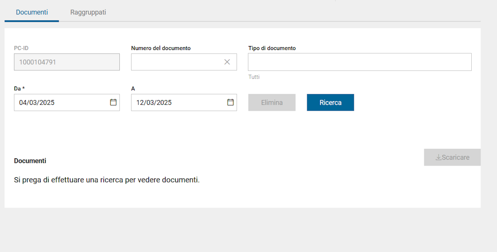 Un'interfaccia utente per la ricerca di documenti con campi per ID GP, numero di documento e data. Sono presenti opzioni di ricerca e cancellazione.