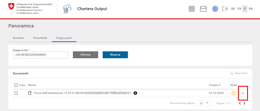 Schermata dell’applicazione Chartera Output della Confederazione Svizzera in lingua italiana. La scheda «Raggruppati» mostra un documento con la data di creazione e un’icona per il download.