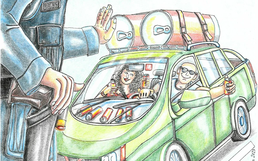 Disegno di un collaboratore dell’UDSC che ferma un’auto con grandi lattine di bevande energetiche sul tetto e numerose lattine all’interno. I due occupanti tengono in mano lattine di bevanda aperte.