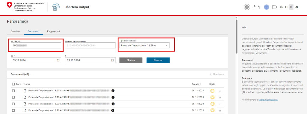 Schermata dell’applicazione Chartera Output della Confederazione Svizzera in lingua italiana. La scheda «Documenti» mostra i campi per filtrare i documenti per ID, numero, tipo e intervallo di date.