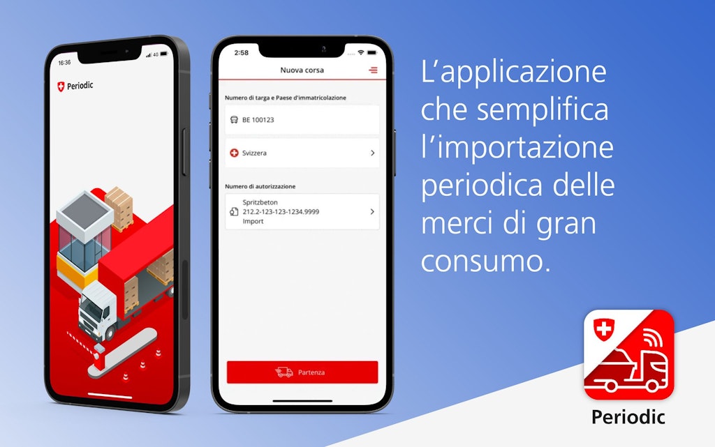 Banner con due smartphone che mostrano l’app Periodic, un’illustrazione di un camion e un testo sulla semplificazione dell’importazione periodica di merci di largo consumo. Il logo Periodic e visibile in basso a destra.