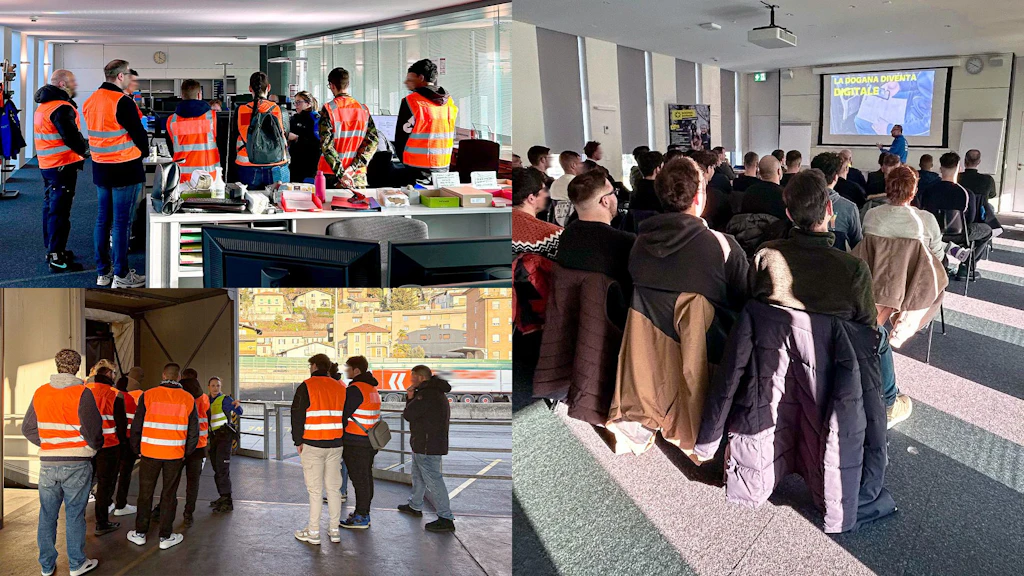 Il collage mostra diversi gruppi di persone che partecipano a una visita o formazione nel settore doganale. Alcuni indossano giubbotti arancioni e si trovano sia in ufficio che in un magazzino, mentre un altro gruppo assiste a una presentazione sui processi doganali digitali.  