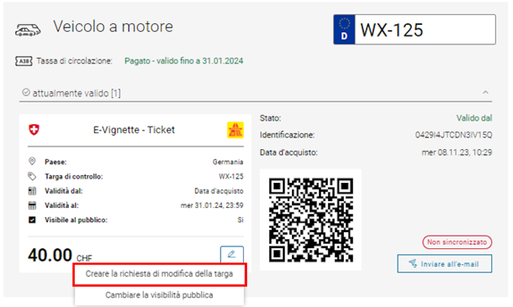 Per i veicoli immatricolati all'estero, se la correzione viene effettuata dopo 24 ore, viene richiesto di compilare il modulo con i dati personali e i documenti richiesti.