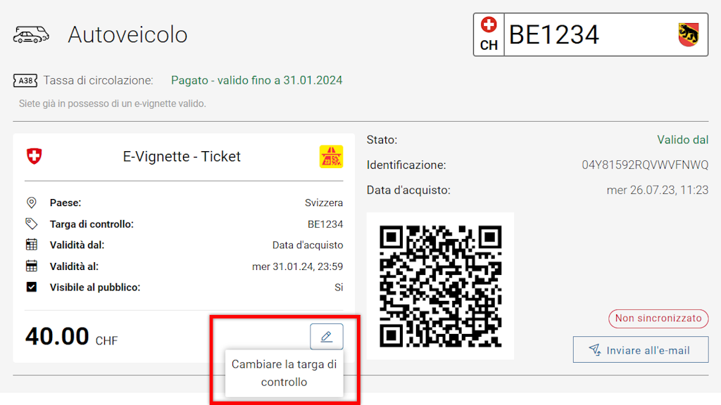 Nel portale «Via» è possibile effettuare un cambio della targa di controllo per un contrassegno elettronico valido (icona del ticket nella parte superiore del carrello).