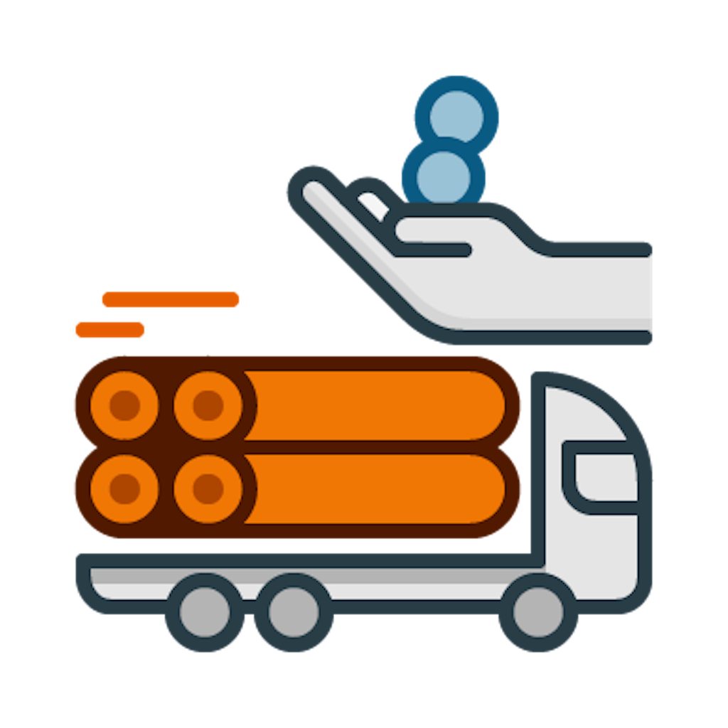 Un logo stilizzato mostra un camion con tronchi di legno e una mano con monete. Simboleggia il rimborso per il trasporto di legname grezzo.