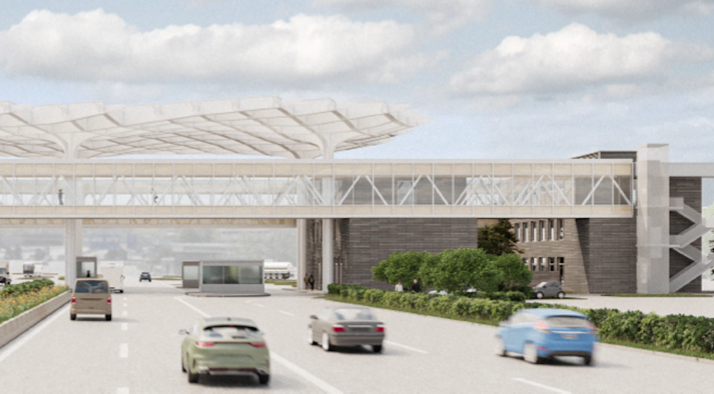 I nuovi edifici dell’impianto doganale a controlli nazionali abbinati di Basel/Weil am Rhein-Autobahn (dettaglio) visti dalla Germania