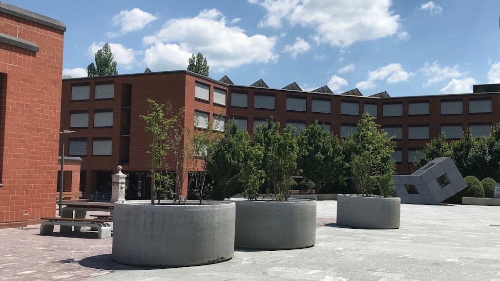 Edifici del campus a Liestal con alberi e oggetto d'arte 