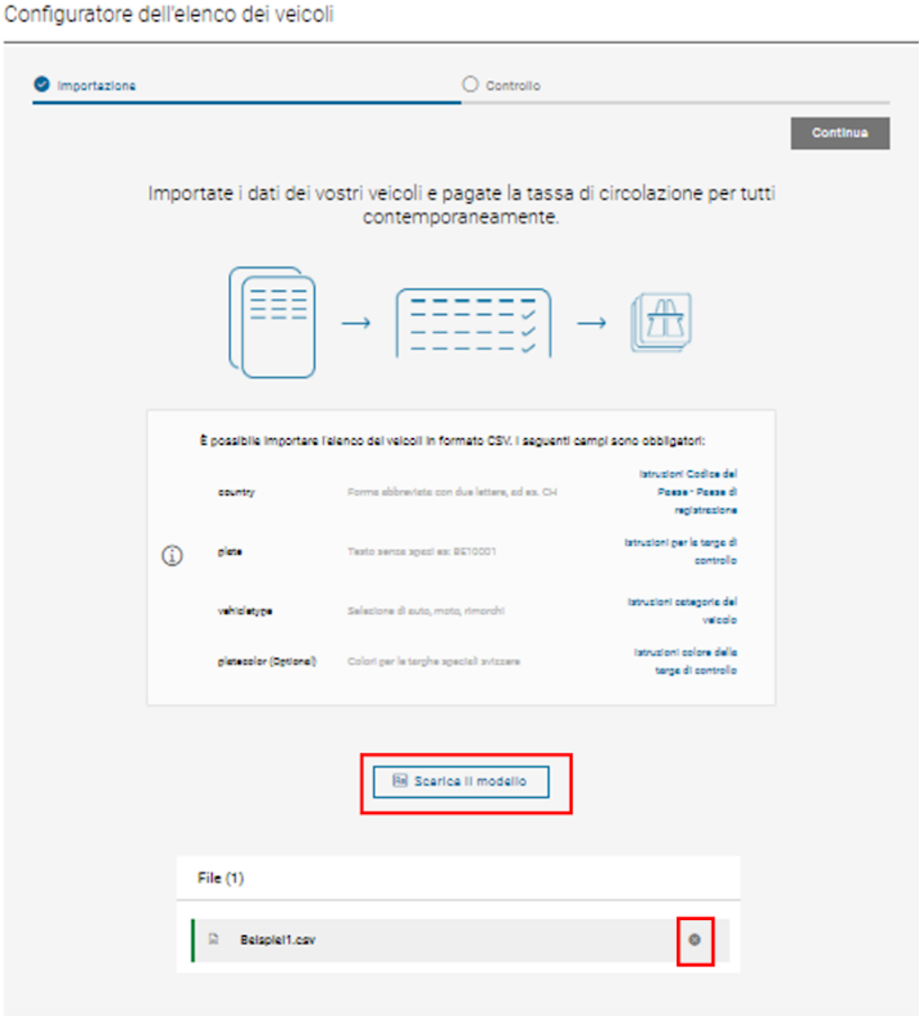 Il configuratore di liste veicoli consente di importare dati di veicoli in formato CSV. Gli utenti possono importare i dati dei loro veicoli e pagare contemporaneamente la tassa stradale.